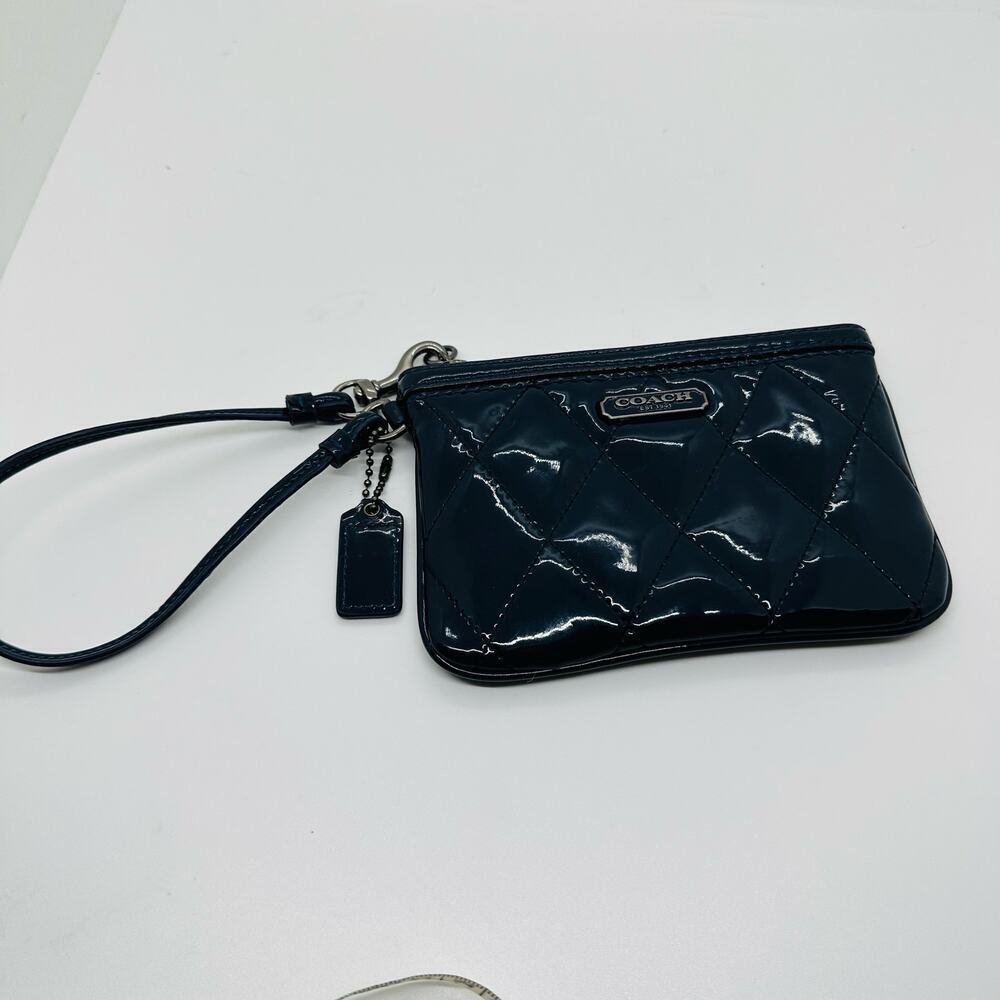 Coach Women's Dark Blue Poppy Patent Leather Coin Wristlet Purse